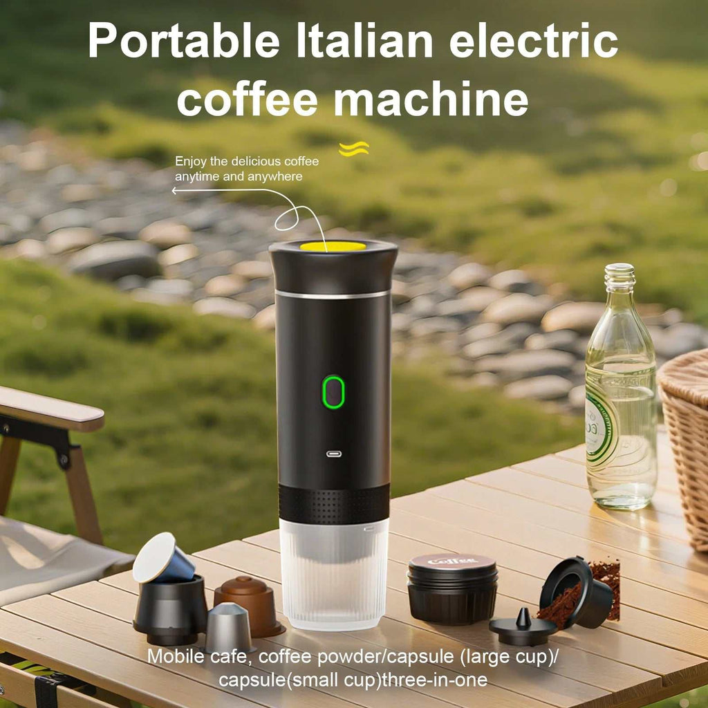 3-in-1 portable coffee maker with USB-C, LED display, 20 bar pressure, compatible with coffee grounds and capsules, ideal for travel and outdoor use