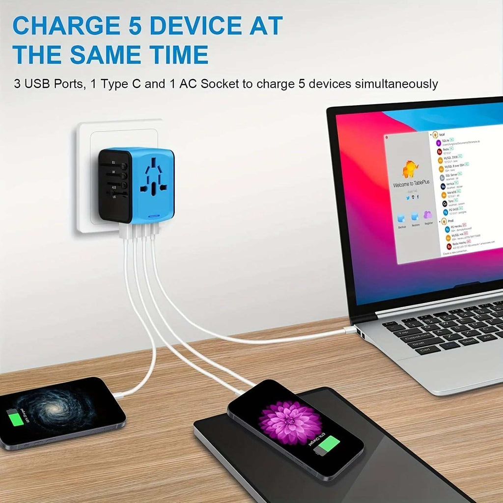 Blue universal travel adapter with multiple plugs and USB ports for worldwide use