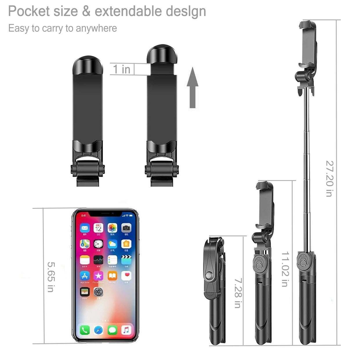 Black extendable selfie stick tripod with Bluetooth remote shutter and 360-degree rotation for phones