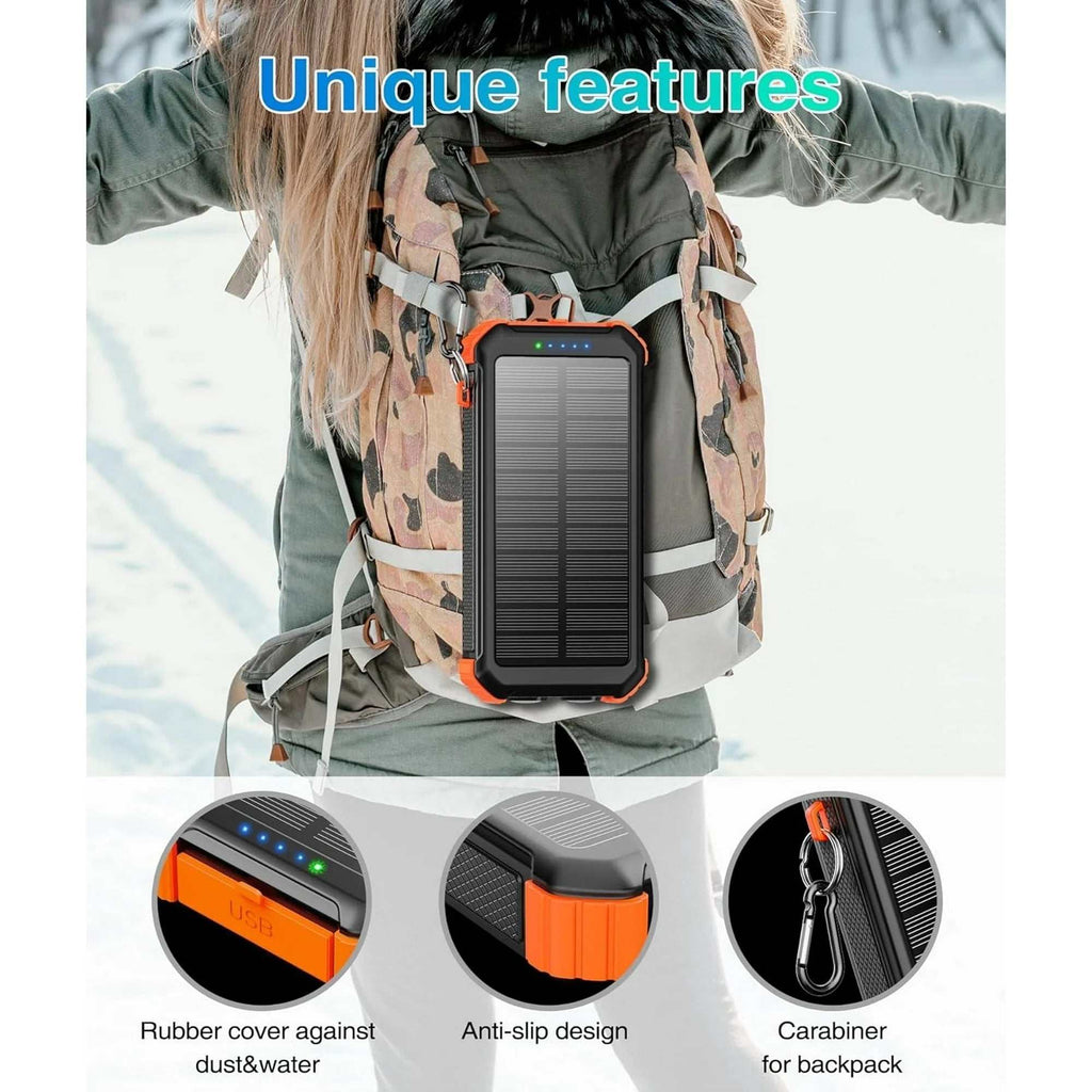 45800mAh solar power bank with built-in cables, fast charging, multiple ports, LED flashlight, and durable design for iPhone and Android