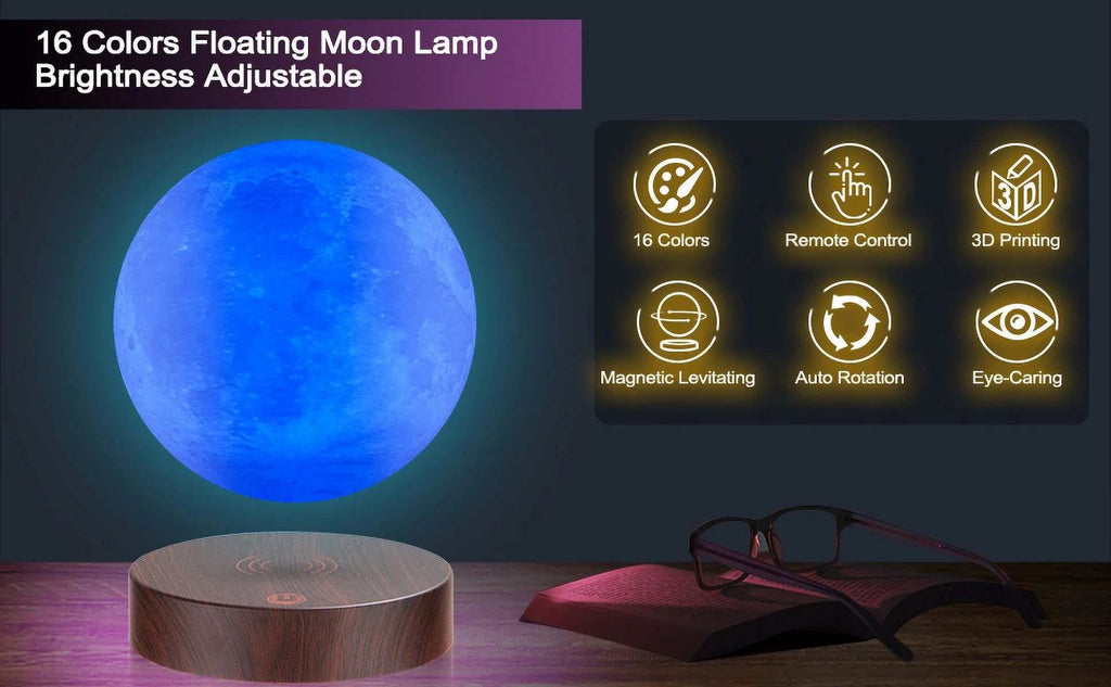 Levitating floating moon lamp with 16 colors, magnetic levitation, 360° rotation, and realistic 3D printed lunar surface