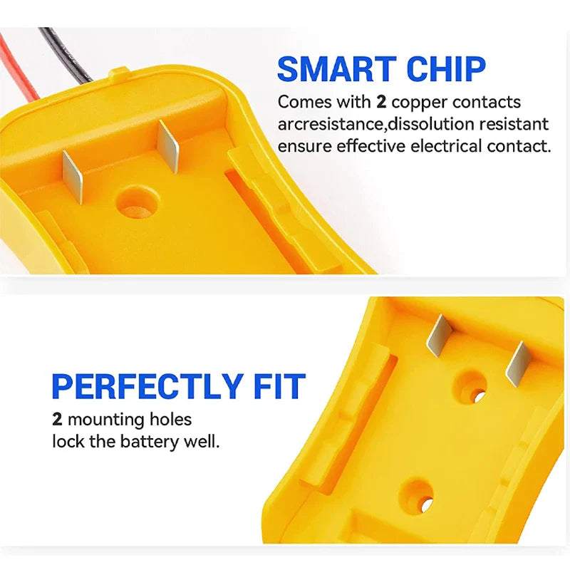Power Connector DIY Battery Adapter Holder Dock for Dewalt 18V/20V Max Battery with yellow ABS plastic housing and 12 AWG wire