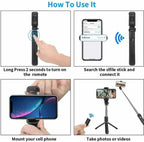 Selfie Stick Tripod with Bluetooth remote and adjustable phone holder for smartphones