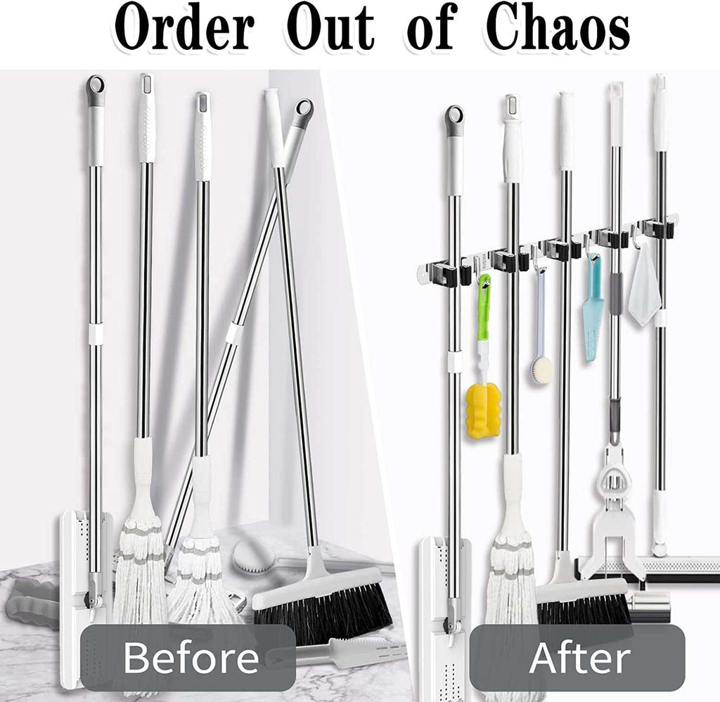 5 Racks and 4 Hooks Mop and Broom Holder Wall Mount, Broom Organizer Storage Tool Racks Stainless Steel Heavy Duty Hooks Self Adhesive Solid Non-Slip for Home Kitchen Garden Laundry Garage