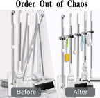 5 Racks and 4 Hooks Mop and Broom Holder Wall Mount, Broom Organizer Storage Tool Racks Stainless Steel Heavy Duty Hooks Self Adhesive Solid Non-Slip for Home Kitchen Garden Laundry Garage