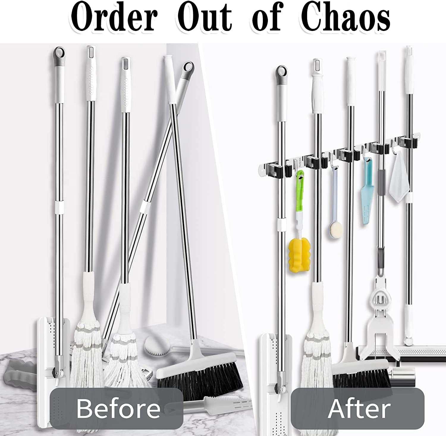 5 Racks and 4 Hooks Mop and Broom Holder Wall Mount, Broom Organizer Storage Tool Racks Stainless Steel Heavy Duty Hooks Self Adhesive Solid Non-Slip for Home Kitchen Garden Laundry Garage