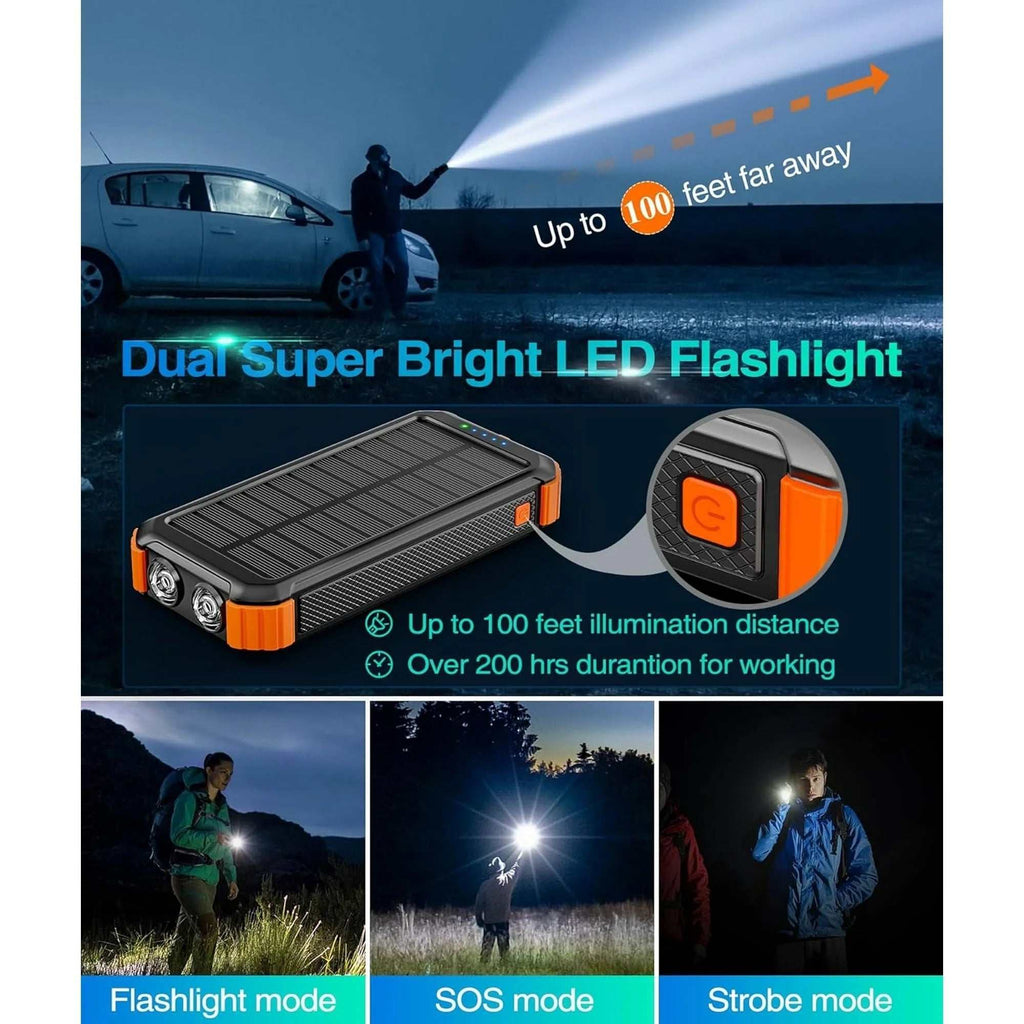 45800mAh solar power bank with fast charging, built-in cables, multiple ports, LED flashlights, and durable outdoor design