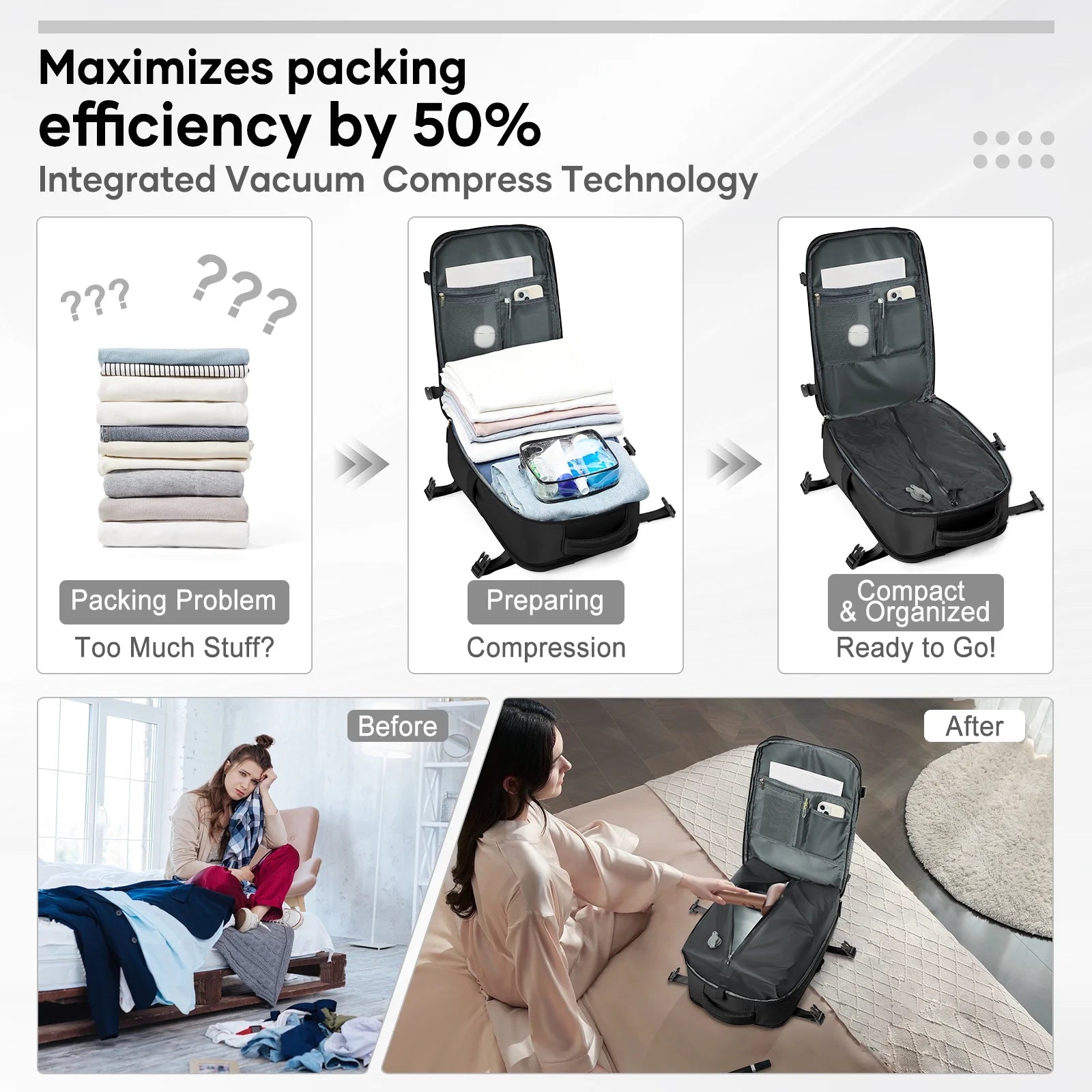 Vacuum Seal Compression Large Travel Backpack with Air Pump, Personal Item Airbag Carry on Backpacks Flight Approved, Airback Waterproof Work Compression Bags Travel Pump Business Laptop Suitcase