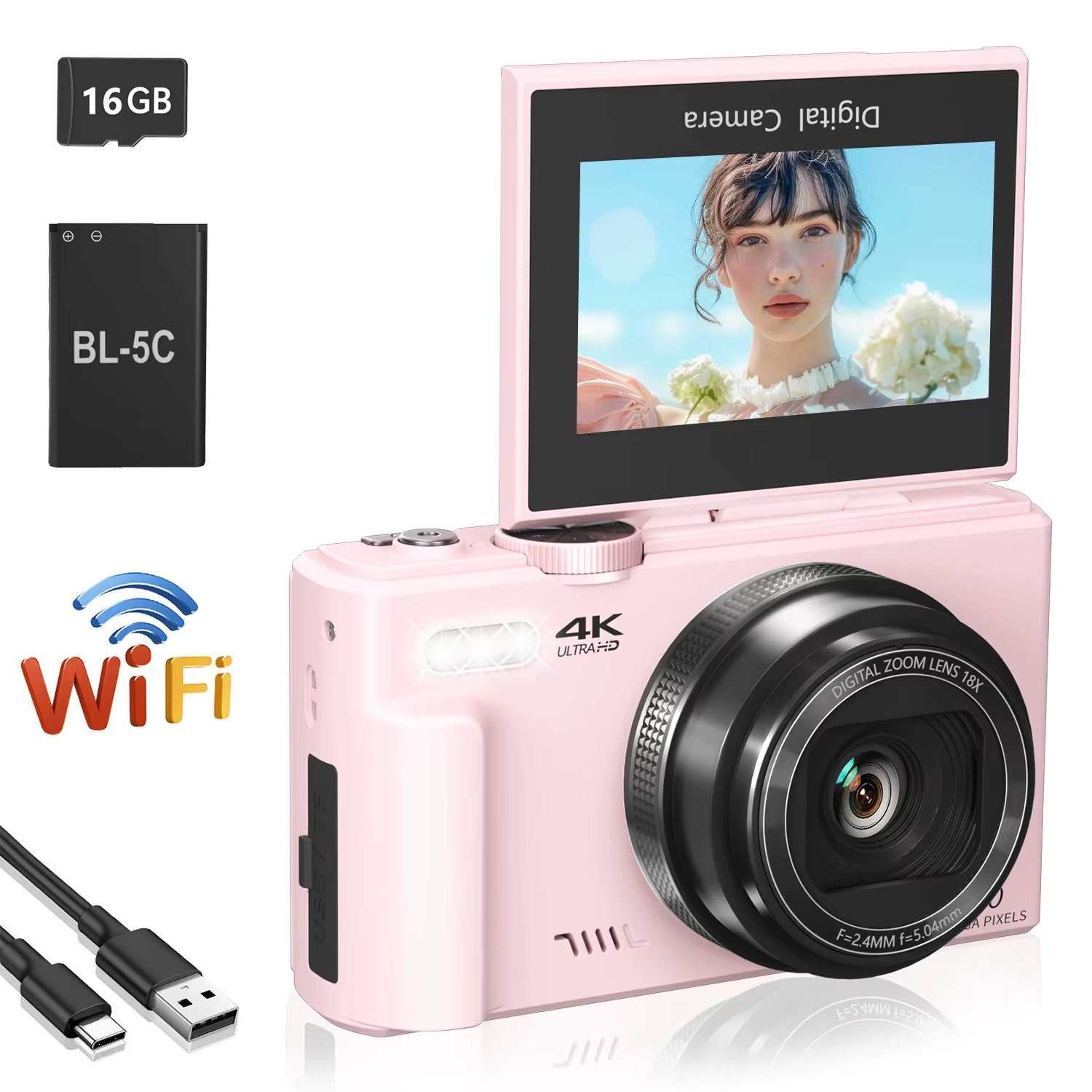 4K Compact Digital Photography Camera, 18X Digital Zoom, Vintage Vlog Video Recorder for Youtube, 180° Flip Screen, Wifi Webcam