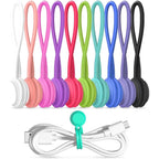 Set of 10 reusable magnetic silicone cable ties organizing earbuds and USB cables for home and office use