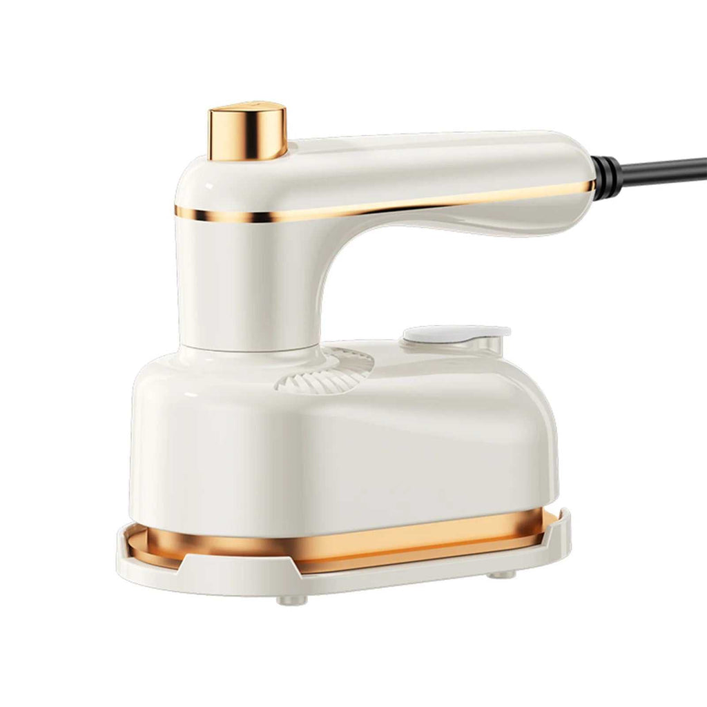 Compact white mini ironing machine with foldable design and steam function for travel and fabric care