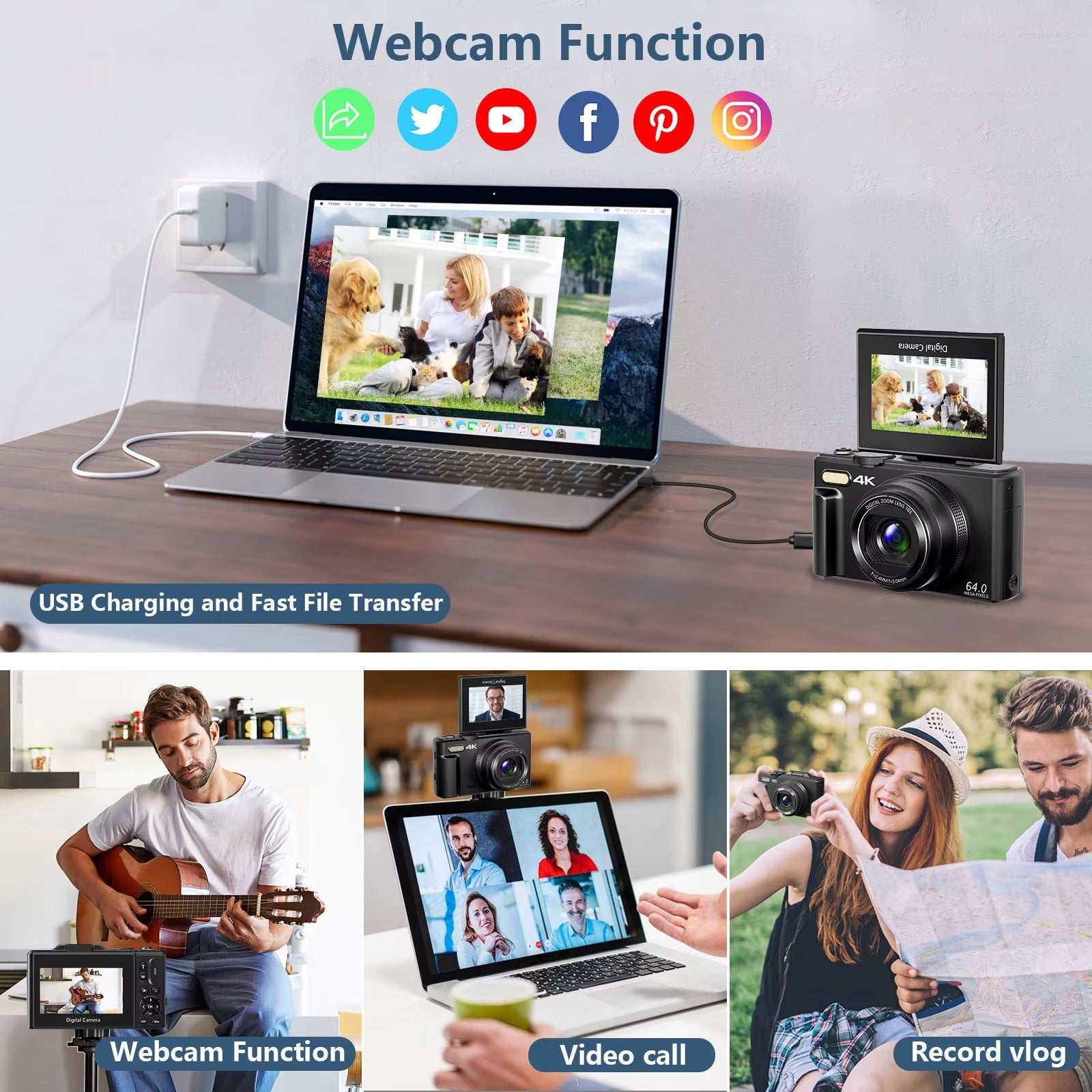 4K Compact Digital Photography Camera, 18X Digital Zoom, Vintage Vlog Video Recorder for Youtube, 180° Flip Screen, Wifi Webcam