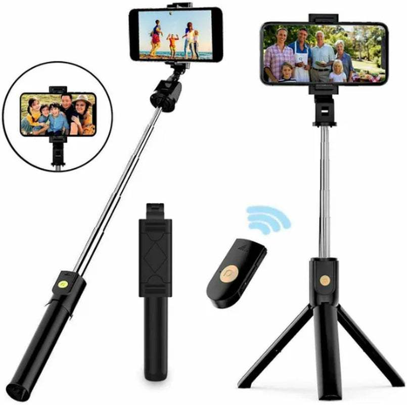 Selfie stick tripod with Bluetooth remote and adjustable phone holder for smartphones