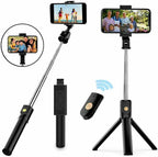 Selfie stick tripod with Bluetooth remote and adjustable phone holder for smartphones