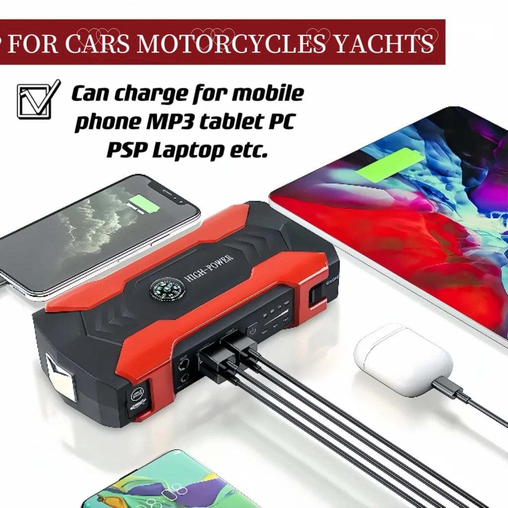 99800Mah Car Jump Starter with LED flashlight, emergency torch, compass, safety hammer, and 4 USB ports portable power bank