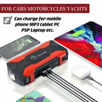 99800Mah Car Jump Starter with LED flashlight, emergency torch, compass, safety hammer, and 4 USB ports portable power bank