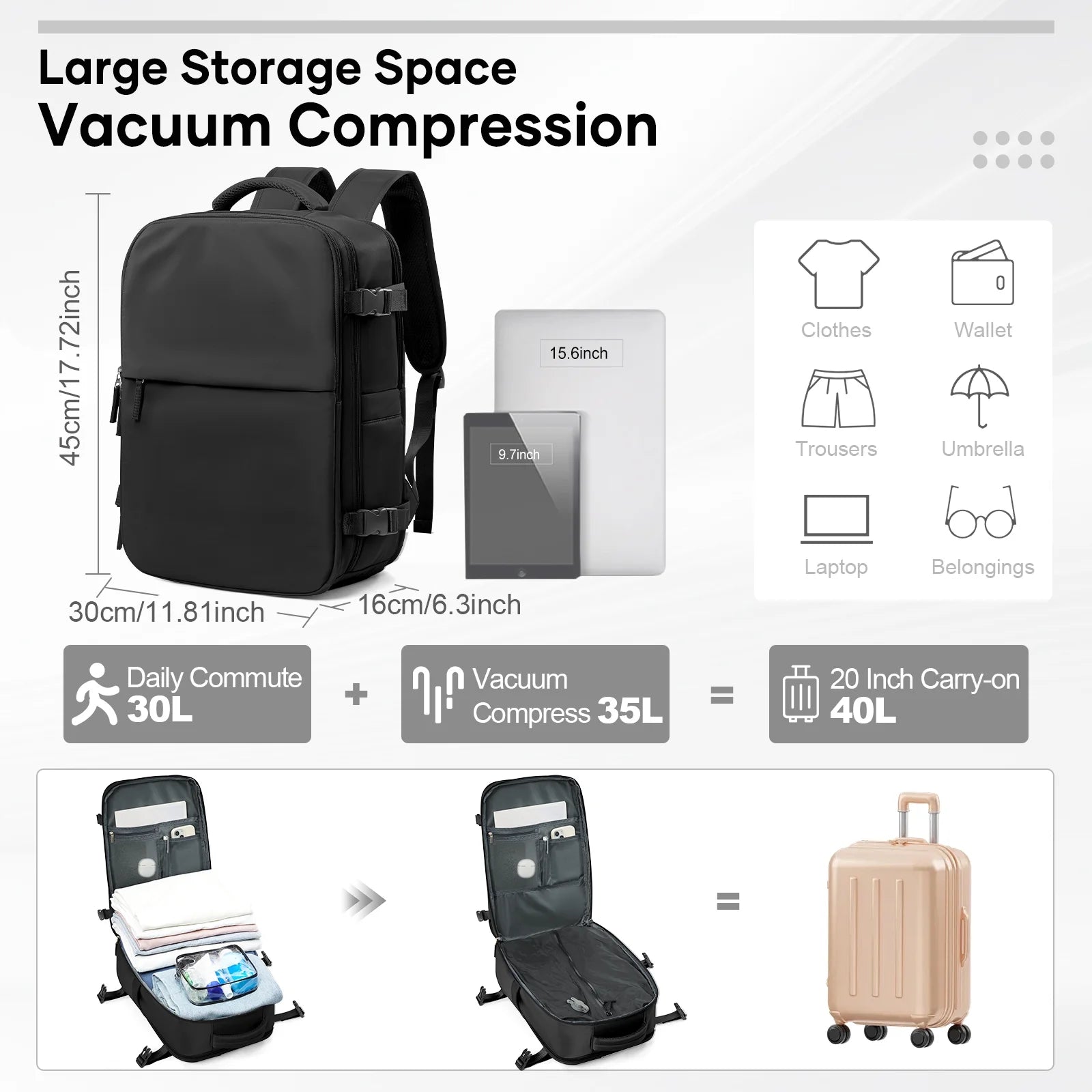 Vacuum Seal Compression Large Travel Backpack with Air Pump, Personal Item Airbag Carry on Backpacks Flight Approved, Airback Waterproof Work Compression Bags Travel Pump Business Laptop Suitcase
