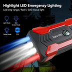 99800mAh car jump starter with LED flashlight, compass, safety hammer, and 4 USB ports for fast charging