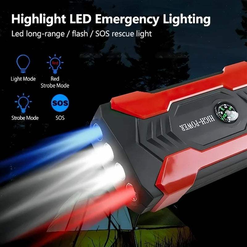 99800mAh car jump starter with LED flashlight, compass, safety hammer, and 4 USB ports for fast charging