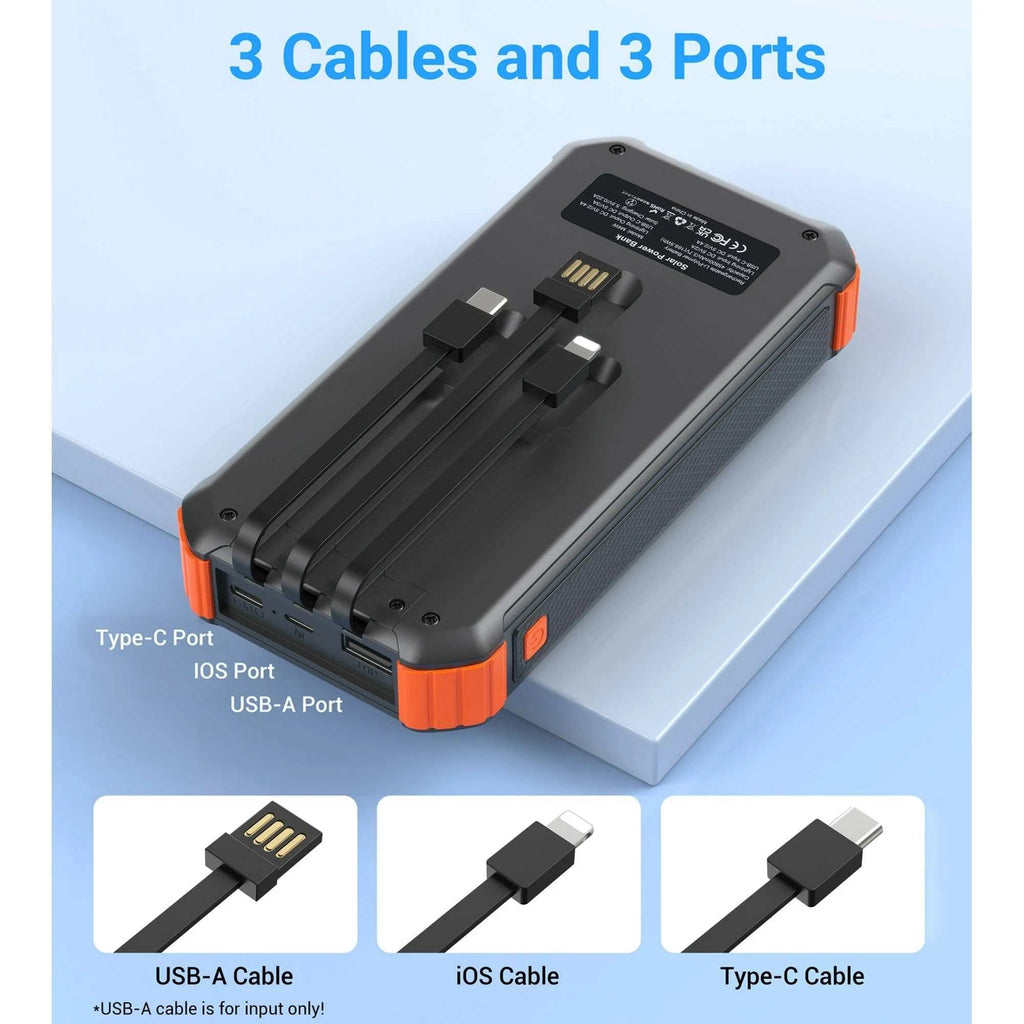 45800mAh solar power bank with built-in cables, multiple ports, 15W fast charging, and LED flashlights for iPhone and Android phones
