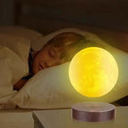 Levitating floating moon lamp with magnetic levitation, 16 color LED night light, and rotating 3D printed lunar surface.