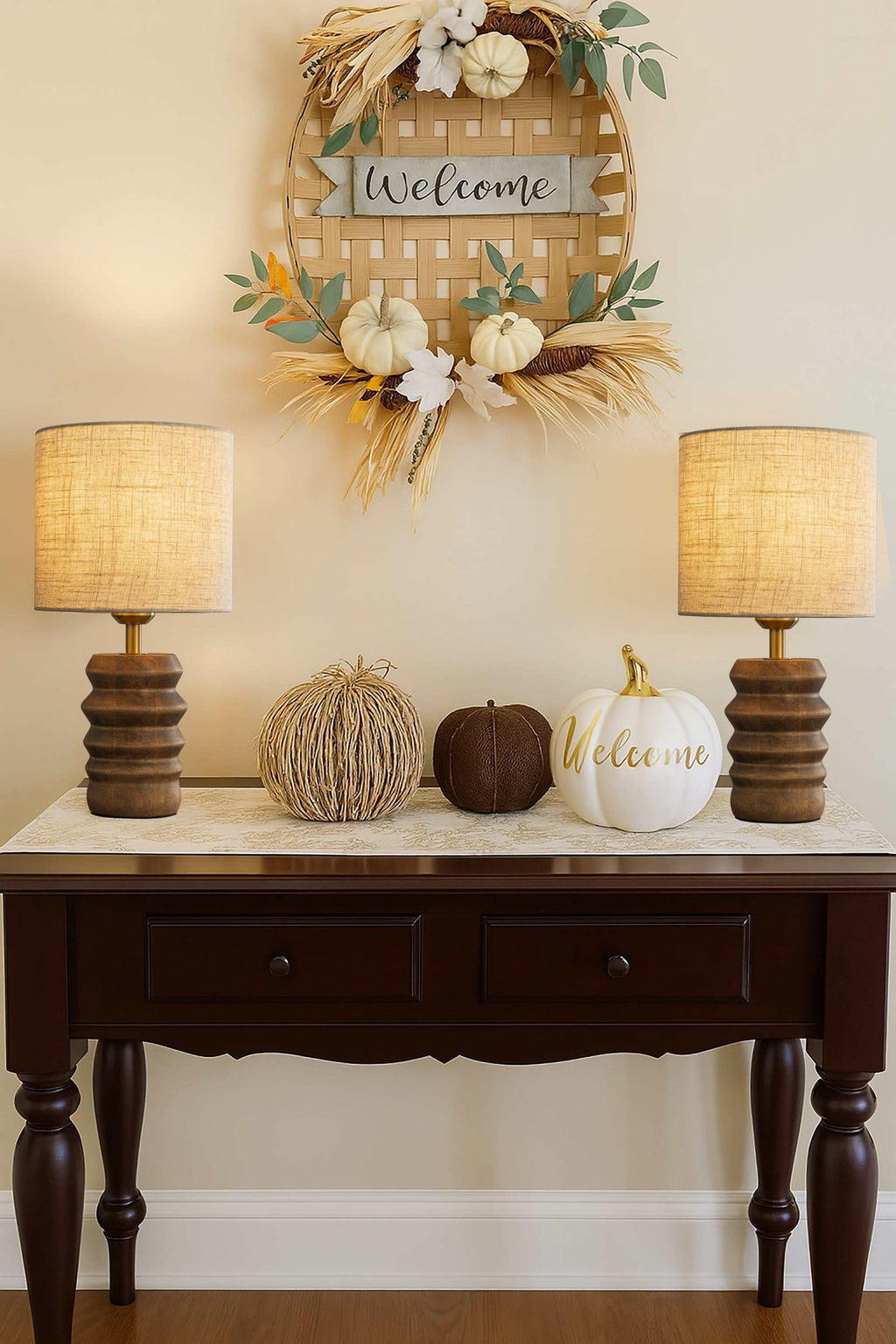 15'' Japandi Solid Wood Base Table Lamp Modern Classic Nightstand Lamp with Beige Fabric Shade for Bedside Foyer Dining Room