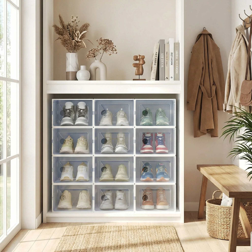12-Pack Stackable Clear Shoe Box Organizer, Plastic Storage Bins for Closet Hallway & Bedroom, Ventilated & Stackable Shoe Storage Container Set Holds Shoes up to US Size 9, White