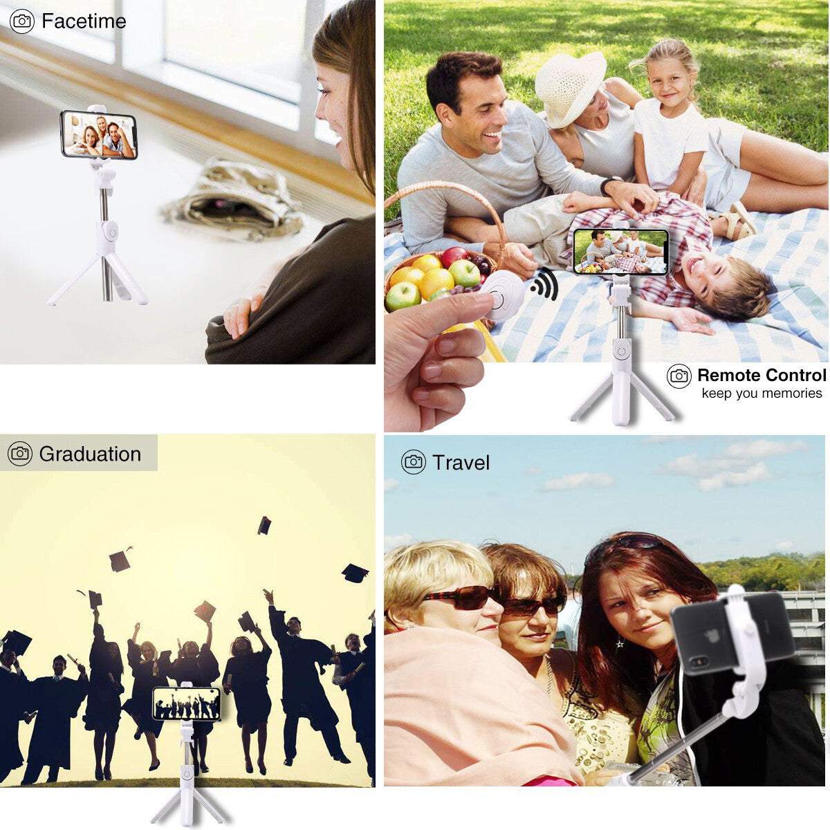Black extendable selfie stick tripod with Bluetooth remote shutter and 360-degree rotation for phone photography