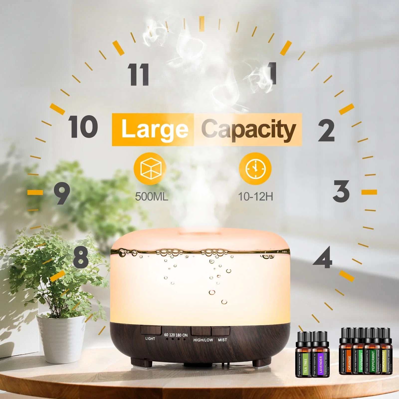 500Ml Essential Oil Diffuser with 6*10Ml Essential Oils Set, Black Woodgrain Aroma Air Humidifier with Remote Control for Bedroom Home Office, Waterless Auto Shut-Off