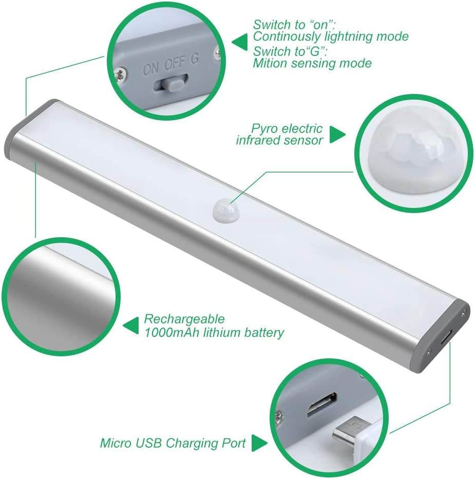 Juaslcits LED Motion Sensor Closet Lights,Under Cabinet Lighting,10-Led Wireless Kitchen Cabinet Lights,Night Light,Led Battery Lights,Motion Led Light Bar, USB Rechargeable Magnet LED Lights 2Pack