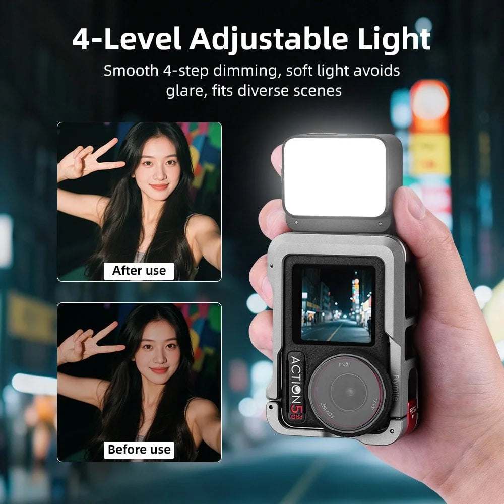 Magnetic Fill Light for Pocket 3, 8700K Action Camera Fill Light Attachment with 3 Color Modes Adjustable Brightness Fast Charging and IPX4 Waterproof for DJI Osmo Action 5 Pro/4