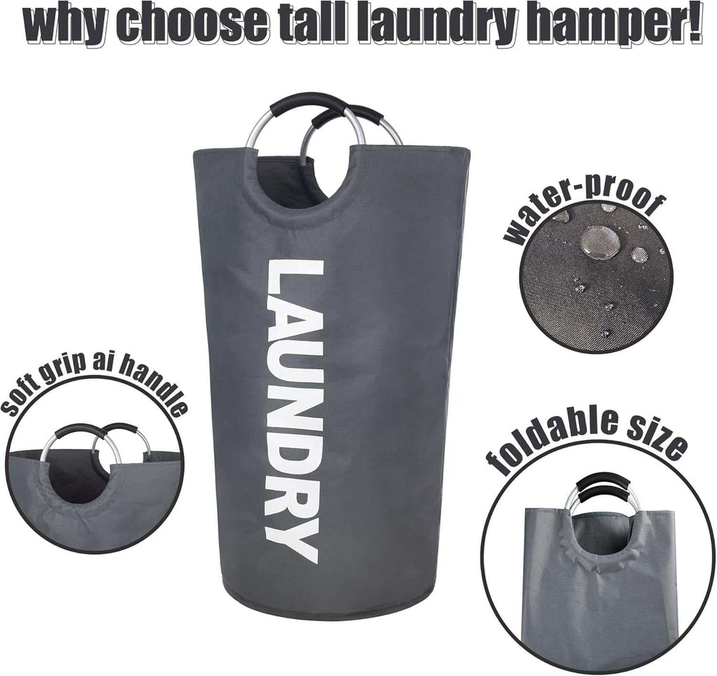 90L large dark grey collapsible laundry basket with padded handles and waterproof fabric