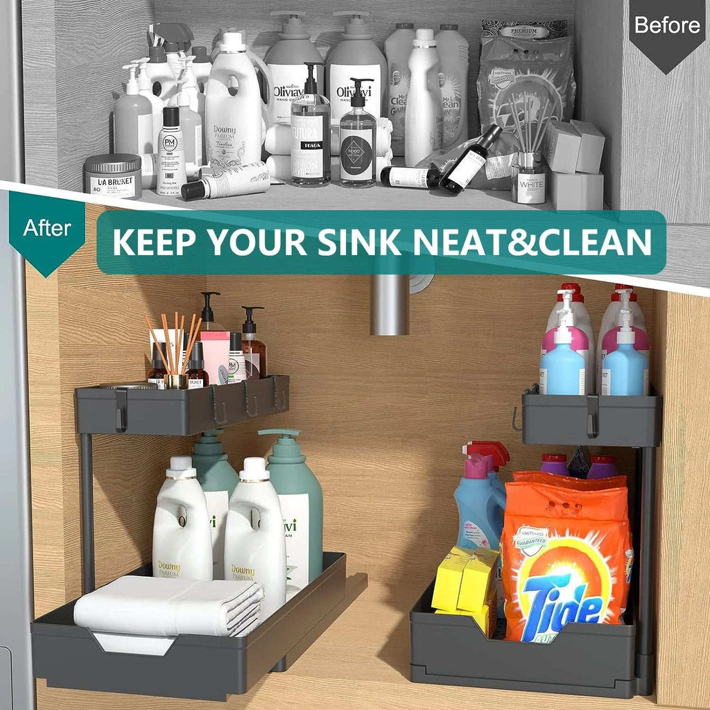 1-Pack under Sink Organizer Storage, 2 Tier L-Shape Multi-Purpose Large Capacity Kitchen under Sink Organizers for Narrow Space Easy Access Sliding Storage Drawer with Hooks for Bathroom