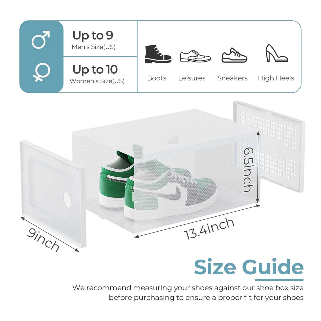 12-Pack Stackable Clear Shoe Box Organizer, Plastic Storage Bins for Closet Hallway & Bedroom, Ventilated & Stackable Shoe Storage Container Set Holds Shoes up to US Size 9, White