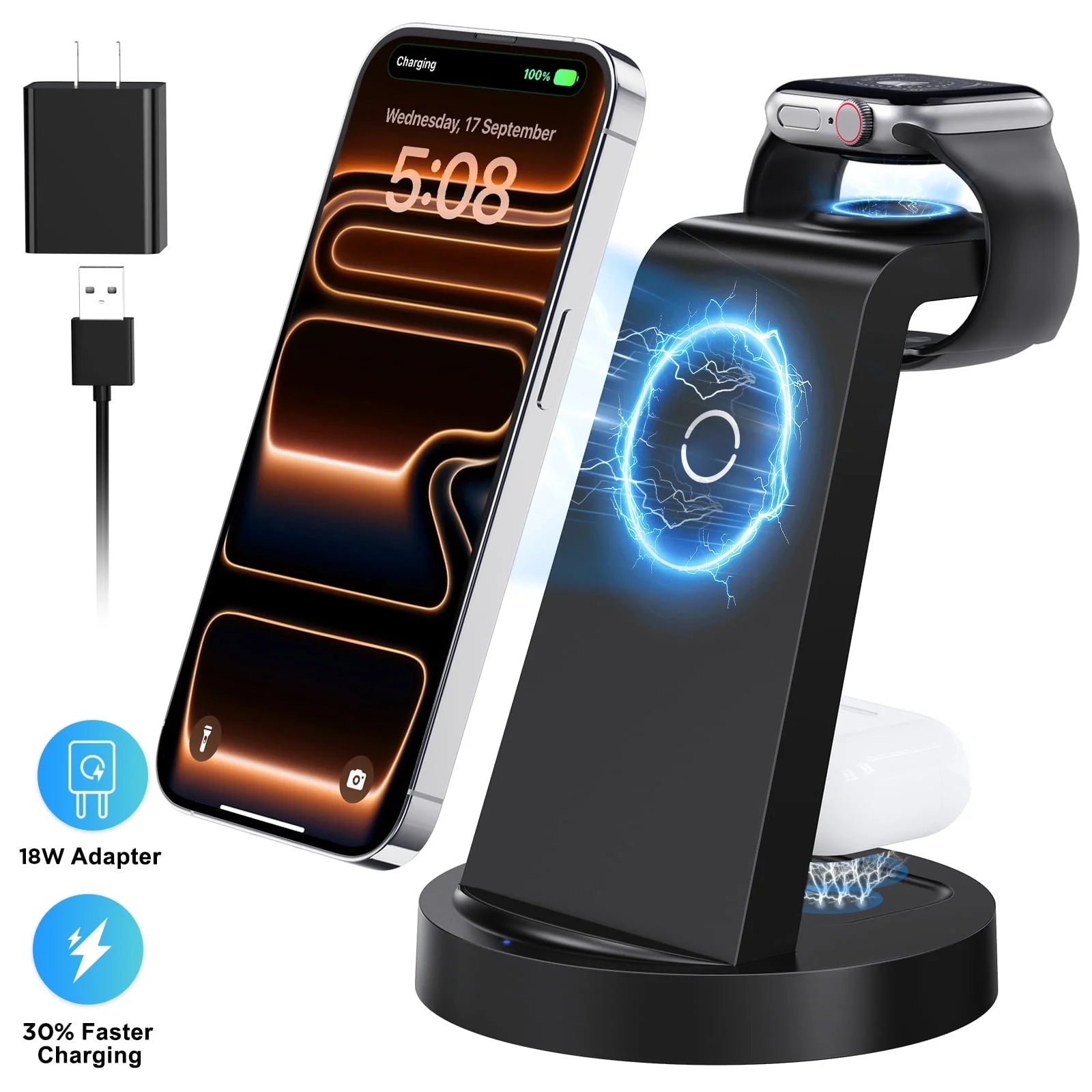 18W Wireless Charger -  3 in 1 Charging Station Compatible with Iphone 17 16E 16 15 14 13 12 11 X Pro Max - Fast Charging Dock Compatible for Apple Watch & Airpods 4 3 Pro