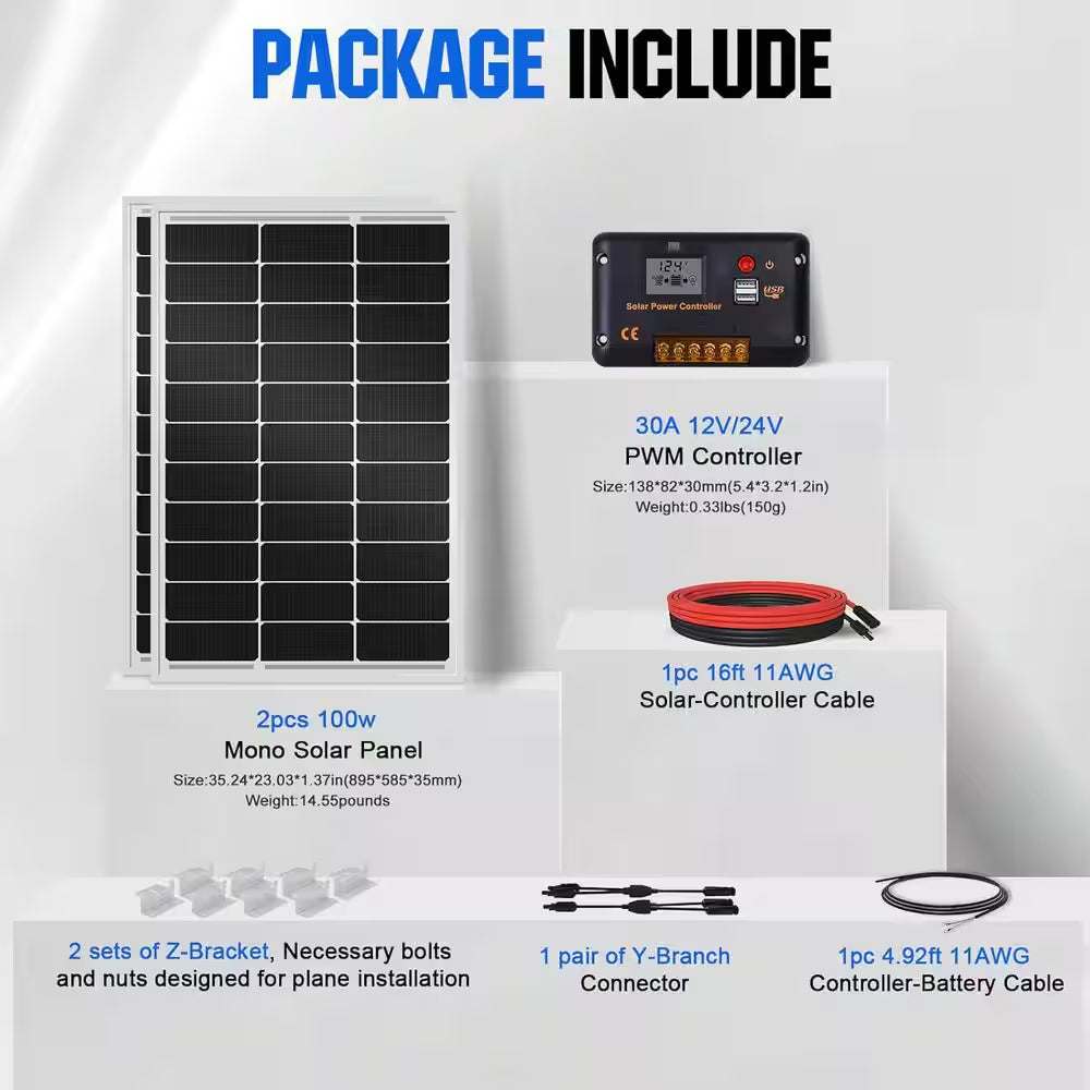 Power Your Adventures: 200W 12V/24V Solar Panel Kit with Monocrystalline Panels and 30A Charge Controller