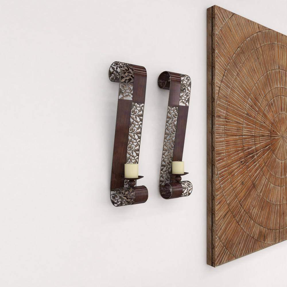Brown Metal Leaf Wall Sconce with Scroll Designs (2- Pack)
