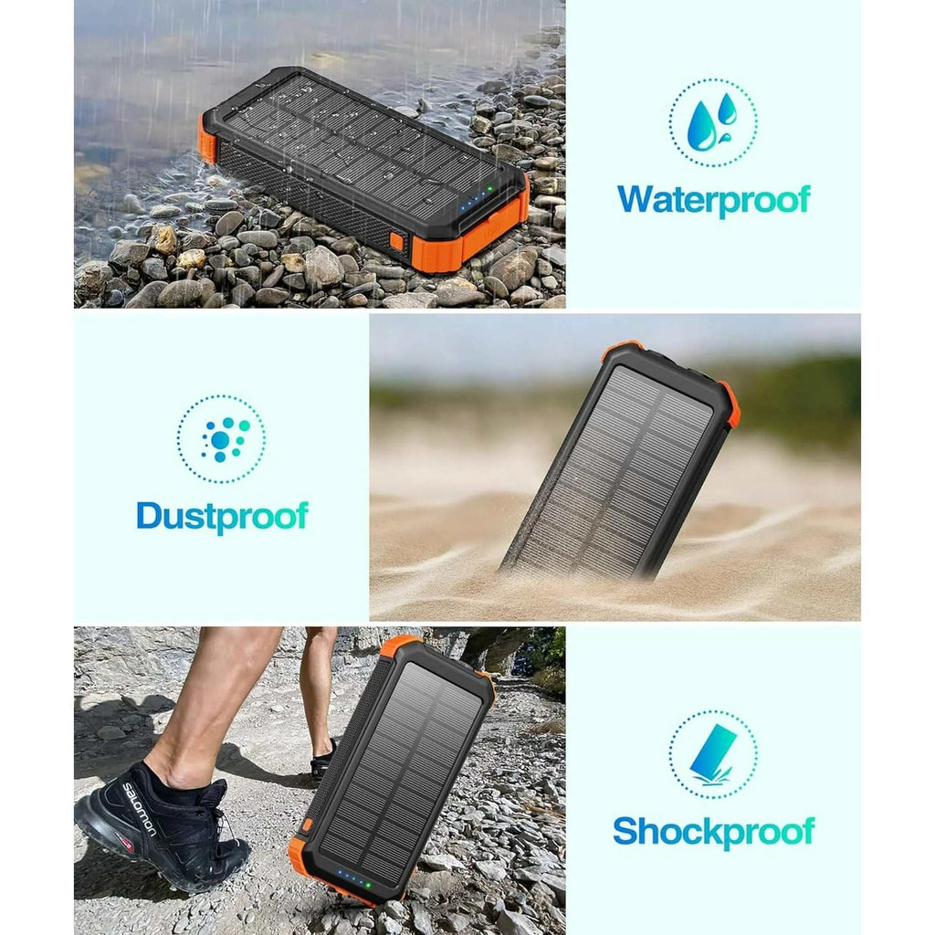 45800mAh solar power bank with built-in cables, fast charging, multiple ports, and LED flashlight for outdoor use