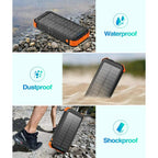 45800mAh solar power bank with built-in cables, fast charging, multiple ports, and LED flashlight for outdoor use