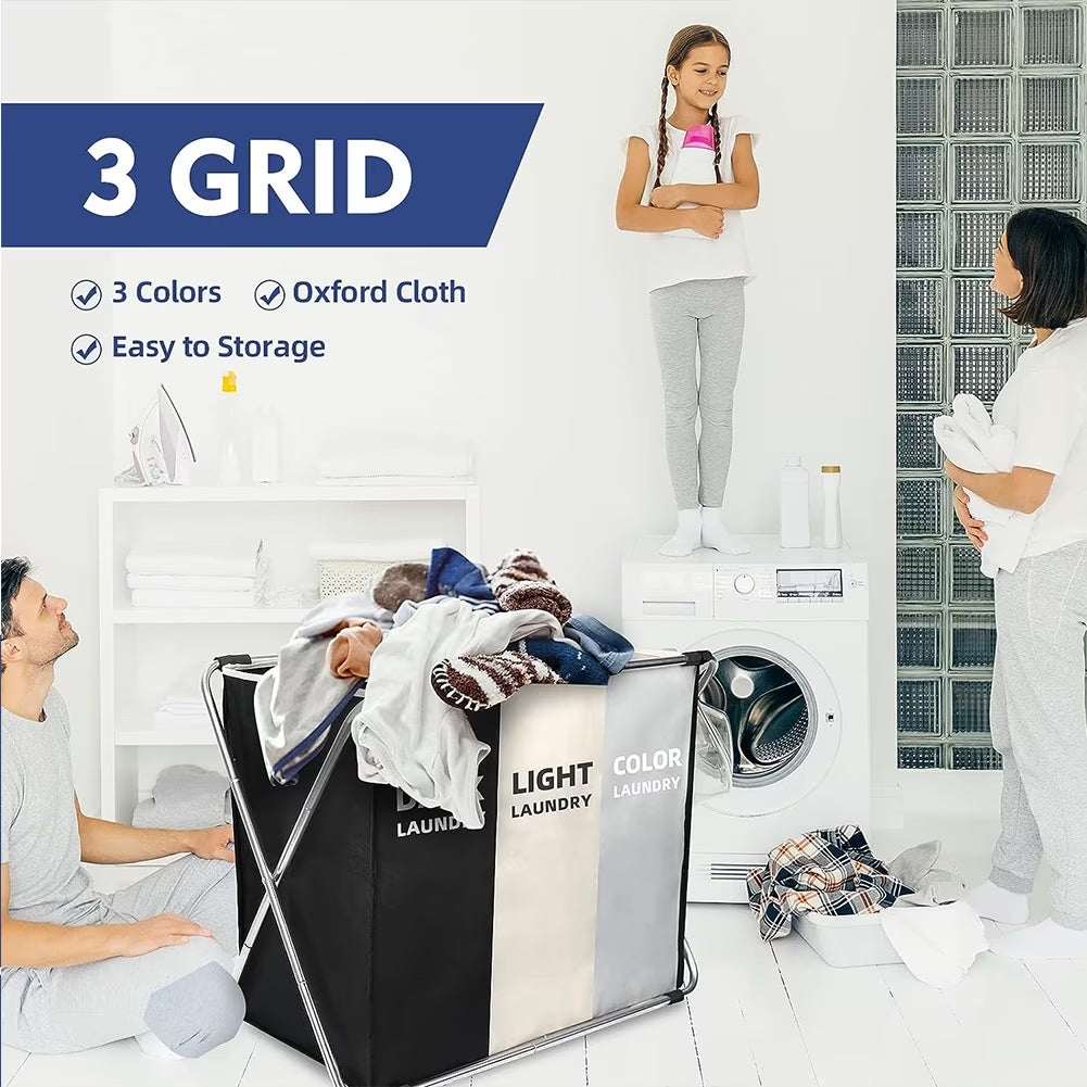 Laundry Hamper Sorter, 135L Foldable Laundry Basket with Lids, Large 3 Sections Laundry Bin Sorter, Waterproof Dirty Clothes Hamper Bag for Bathroom Bedroom,Washing Storage Bag,Blanket Storage