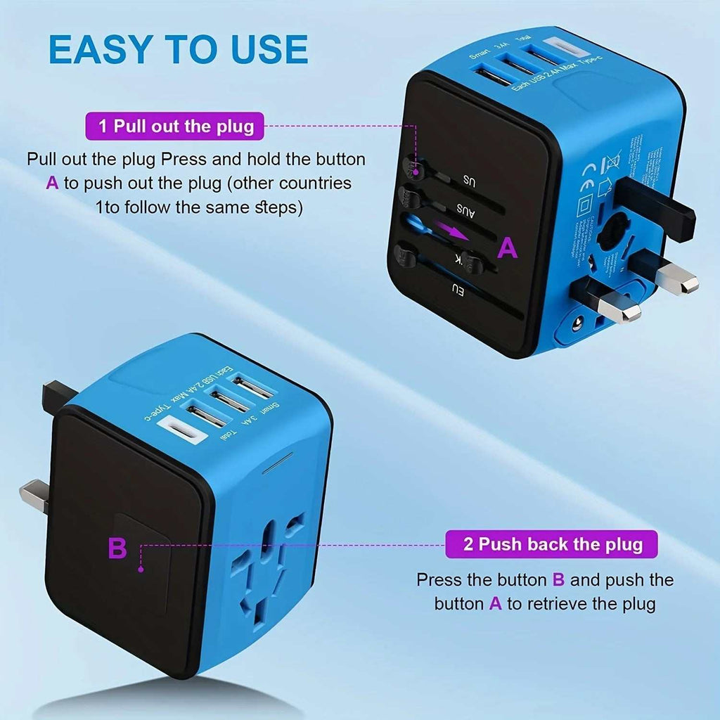 Blue universal travel adapter with multiple plugs and USB ports for fast charging worldwide use