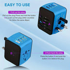 Blue universal travel adapter with multiple plugs and USB ports for fast charging worldwide use