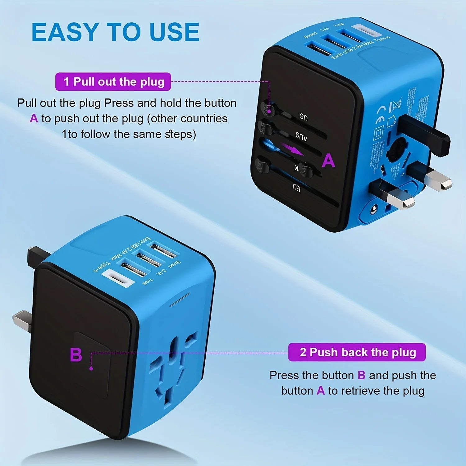 Universal Travel Adapter,  European Travel Plug Adapter with Type C, Blue