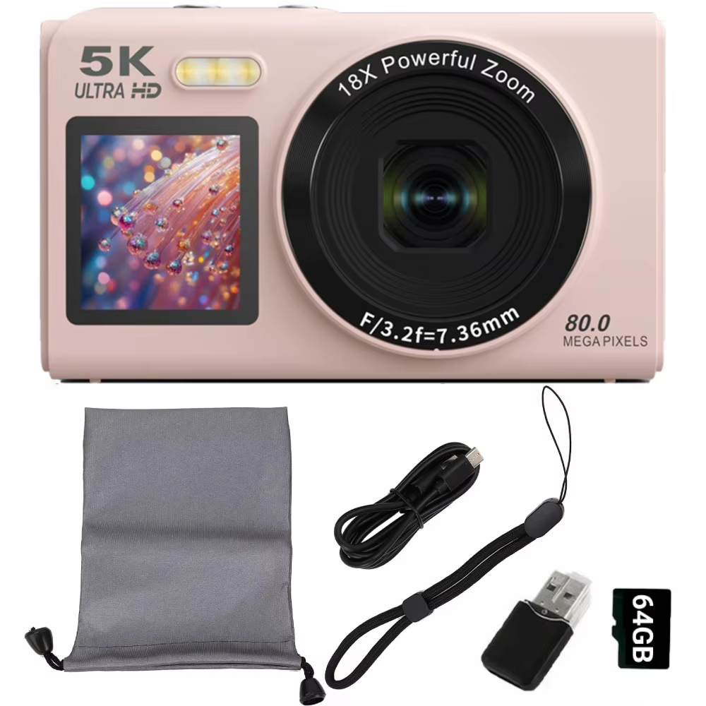 Digital Camera CCD Dual Screen Portable Digital Camera With18X Zoom 5K Vlogging Camera 80MP CCD Selfie Camera with 64GB Card