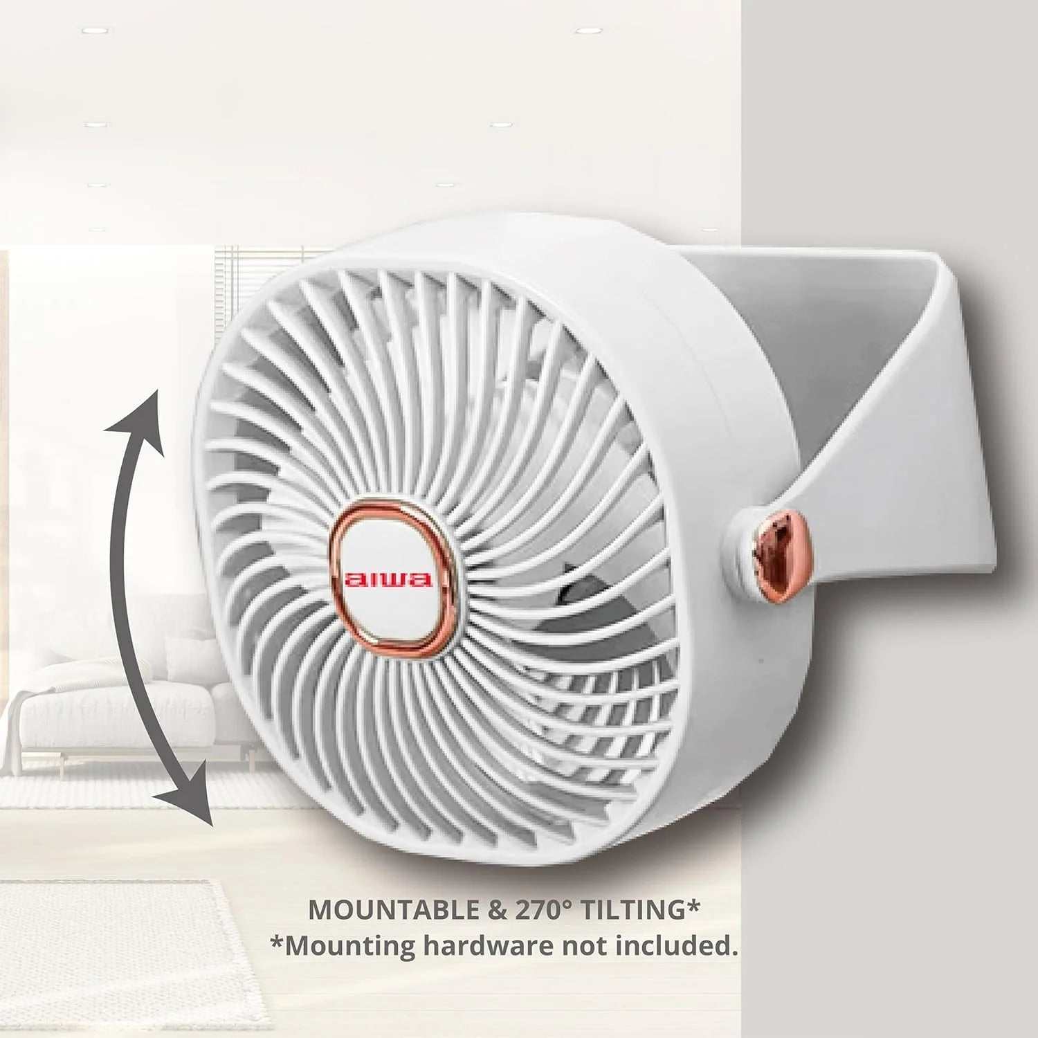 4" white USB-C rechargeable mini desk fan with 3 speeds and 270-degree rotation