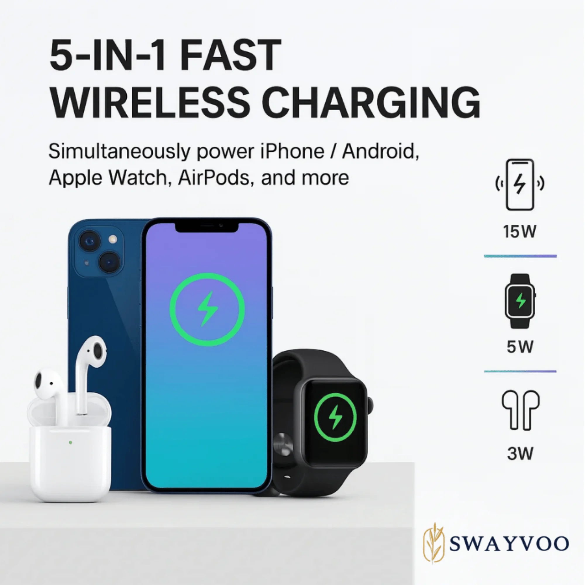 3-In-1 Wireless Charging Station — 15W Fast Charger for Iphone 17 16 15 14 13 12, Apple Watch, Airpods Apple Mutiple Devices