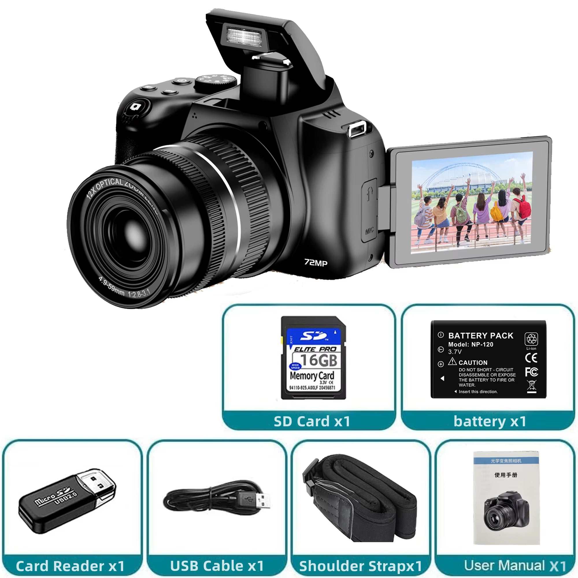12X Optical Zoom Cameras for Photography Auto Focus 4K 72MP Digital Video Vlog Camera Wifi Livestream Camcorder 270°Flip Screen