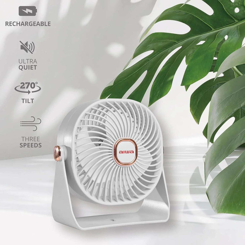 4" white USB-C rechargeable mini desk fan with 3 speeds and 270-degree rotation