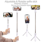 Black extendable selfie stick tripod with Bluetooth remote shutter and 360-degree rotation for phones