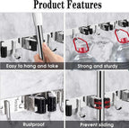5 Racks and 4 Hooks Mop and Broom Holder Wall Mount, Broom Organizer Storage Tool Racks Stainless Steel Heavy Duty Hooks Self Adhesive Solid Non-Slip for Home Kitchen Garden Laundry Garage
